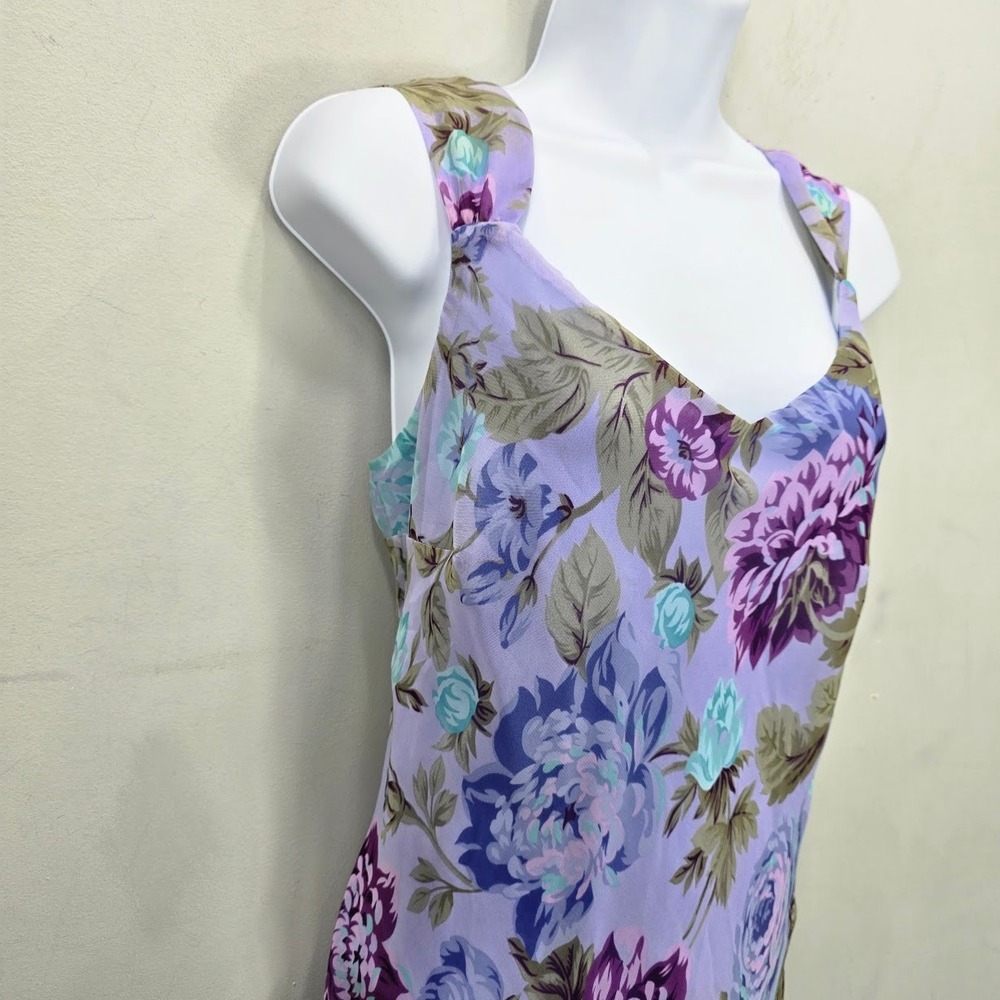 Vintage Meghan Mathews Midi Dress 10 Lilac Floral Asymmetrical Fairy Y2K Flutter - Picture 2 of 12